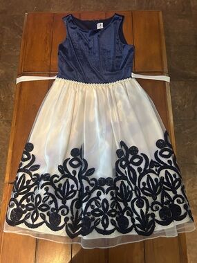 Girls Navy and Ivory Embroidered Party Dress